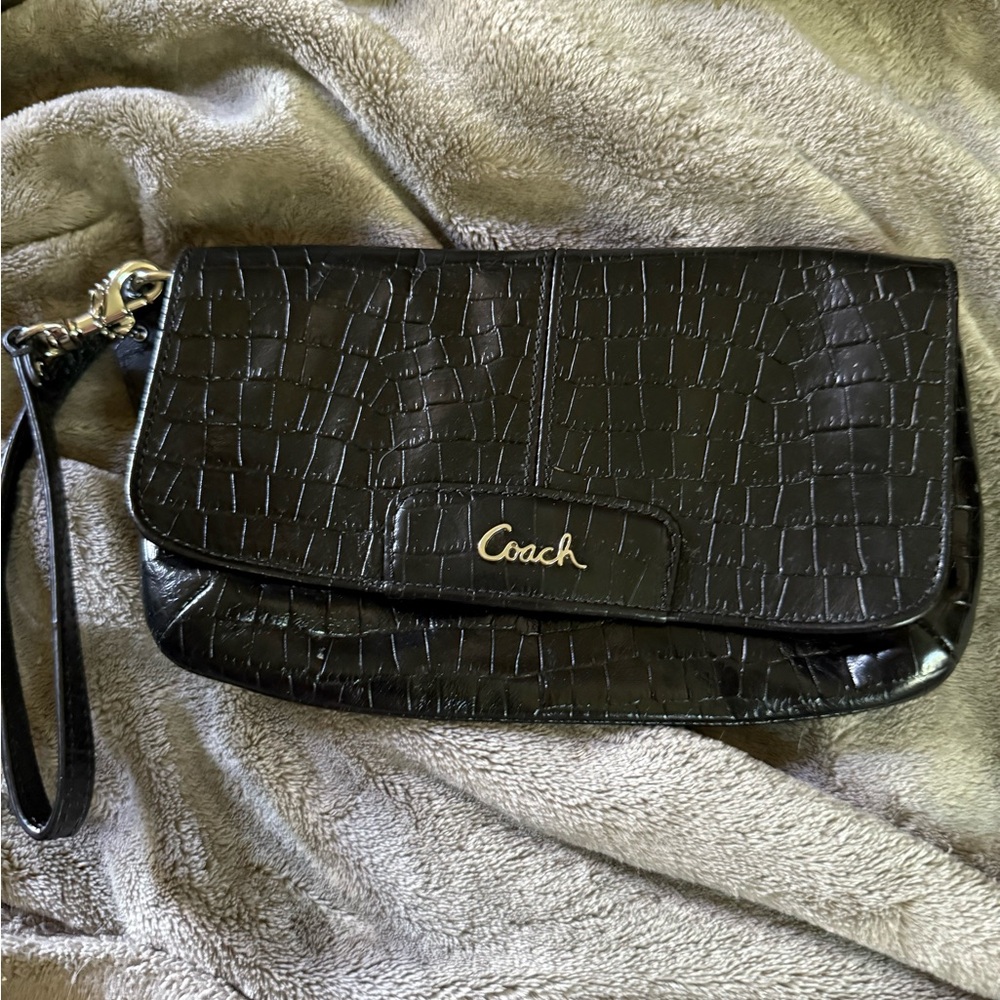 Coach Black Croc-Pattern Wristlet